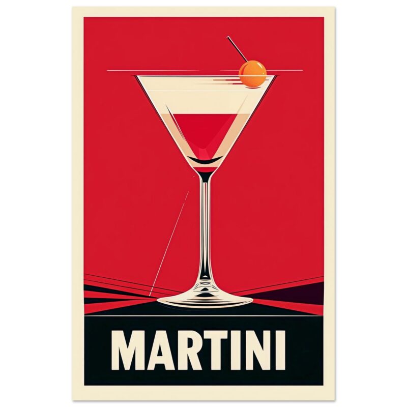 Cóctel Martini ilustración moderna y vintage con fondo rojo, estilo artístico en estilo pop art.
