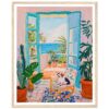 Ventana abierta con terraza y plantas tropicales, vista al mar, estilo pintura acrílica.