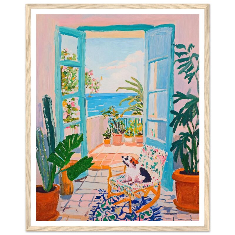 Ventana abierta con terraza y plantas tropicales, vista al mar, estilo pintura acrílica.