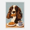 Perro con croissant en boca y taza de café, arte digital de estilo moderno, ilustración de mascotas.
