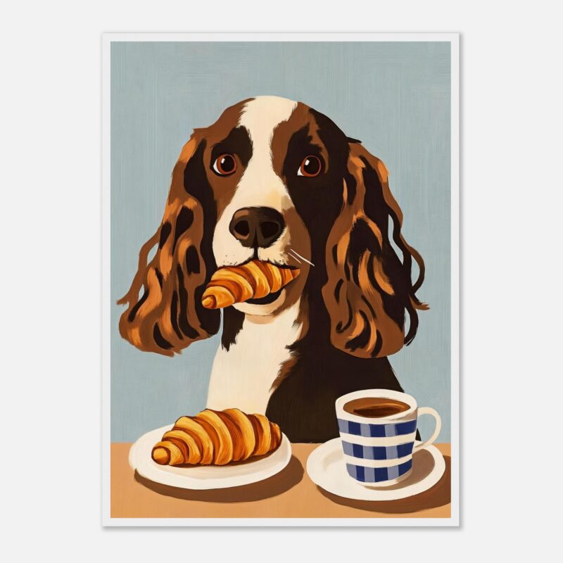 Perro con croissant en boca y taza de café, arte digital de estilo moderno, ilustración de mascotas.