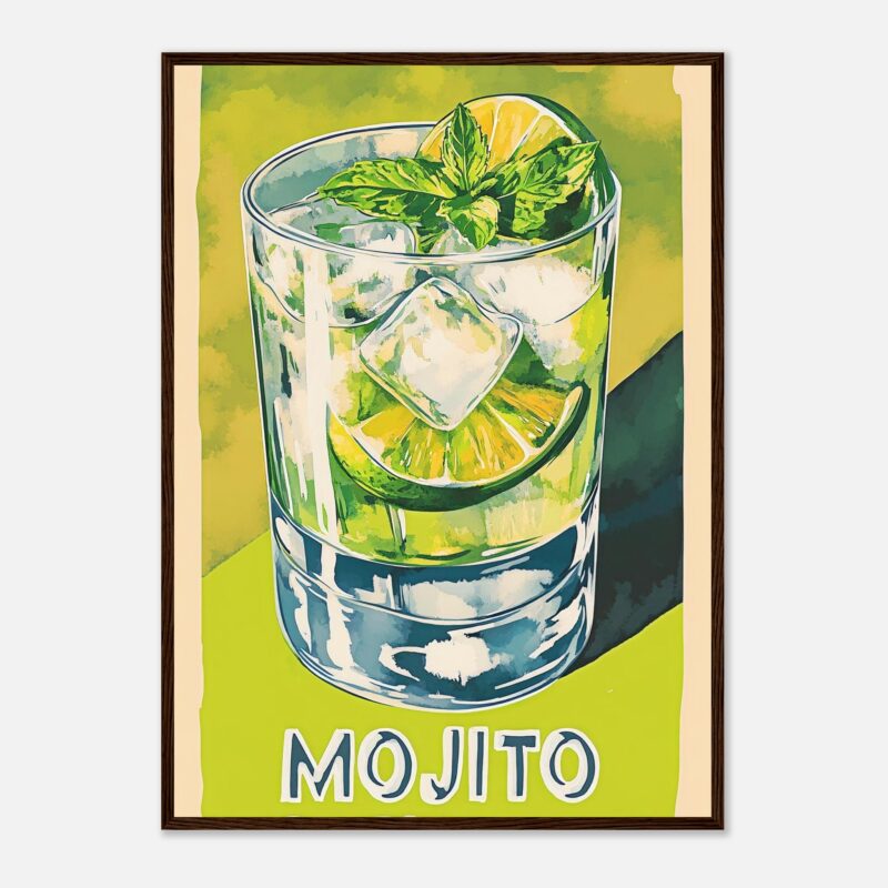 Refresco mojito con hielo, limón y menta en vaso de vidrio, estilo ilustración artística.
