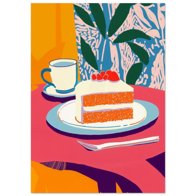 Tarta de zanahoria decorada con cerezas, taza de café y fondo de plantas, estilo artístico digital colorido.