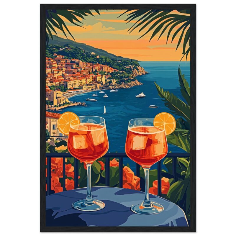 Brindis con vista panorámica de la costa italiana en un estilo artístico.