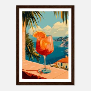 Refresco de cóctel con rodaja de naranja sobre fondo de paisaje marítimo en estilo ilustración digital.