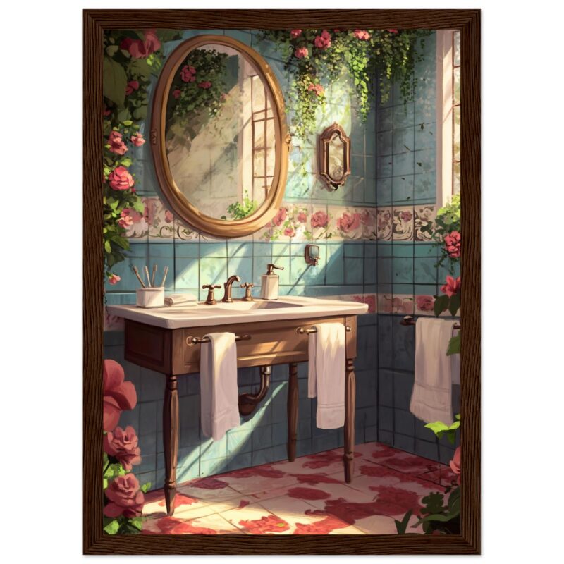 590ab584-bed2-4d51-8705-cbd85a0df4c5.jpg Hermosa ilustración de un baño vintage con azulejos azules y decoración floral.