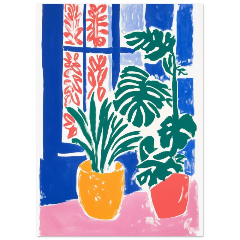595f393e-4018-459b-9921-03074c096600.jpg Ramo de plantas tropicales en jarrón amarillo y rosa junto a una pared azul y ventana de colores vivos.