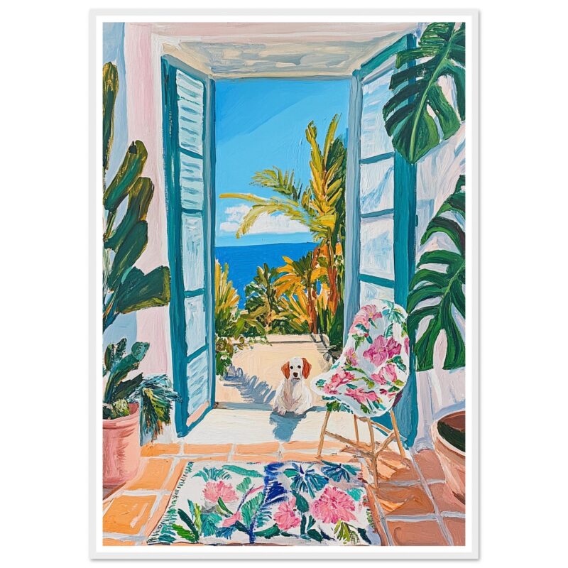 Atardecer en una terraza con plantas tropicales y vista al mar, estilo pintura impresionista.
