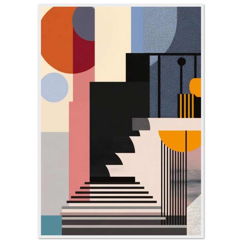 5a8f1dda-d2b7-4416-8d12-8f777deba639.jpg Puerta y escaleras en estilo abstracto con formas geométricas y colores vibrantes.