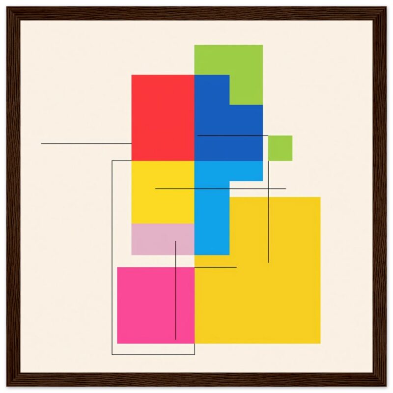 Colores vibrantes, ilustración moderna con formas geométricas en marco de madera.