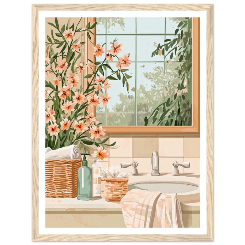 Jarrón con flores en un baño con espejo y vista a un jardín.