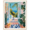 Puerta abierta con vista al mar y plantas tropicales en estilo pintura acrílica.
