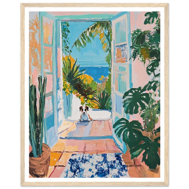 Puerta abierta con vista al mar y plantas tropicales en estilo pintura acrílica.