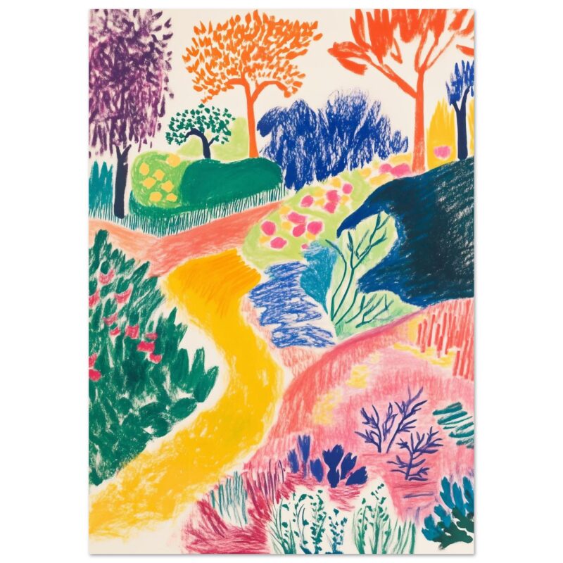 Arcoíris de colores con árboles y sendero en un paisaje artístico colorido.