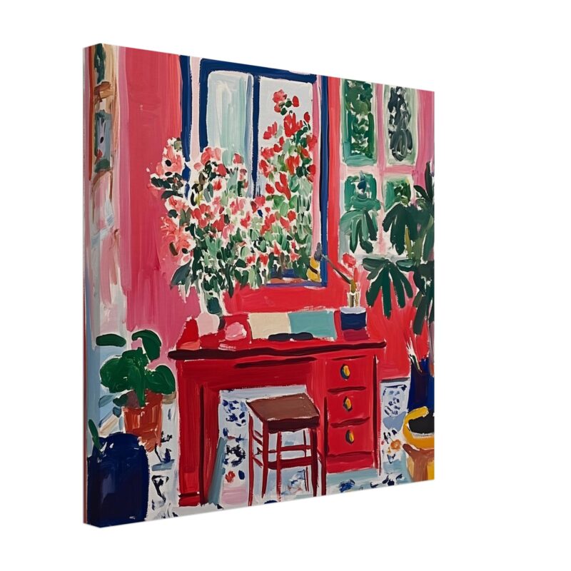 Jarrón con flores en ventana, arte colorido estilo impresionista para decoración de interiores.