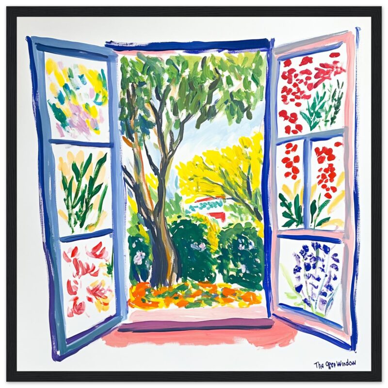 Ventana abierta con vista a jardín colorido en estilo impresionista.