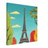 Torre Eiffel en estilo ilustración moderna con árboles coloridos y cielo azul.