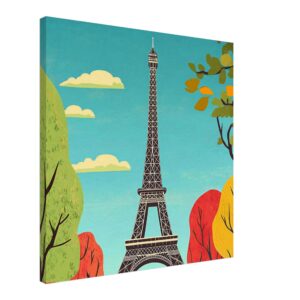 Torre Eiffel en estilo ilustración moderna con árboles coloridos y cielo azul.