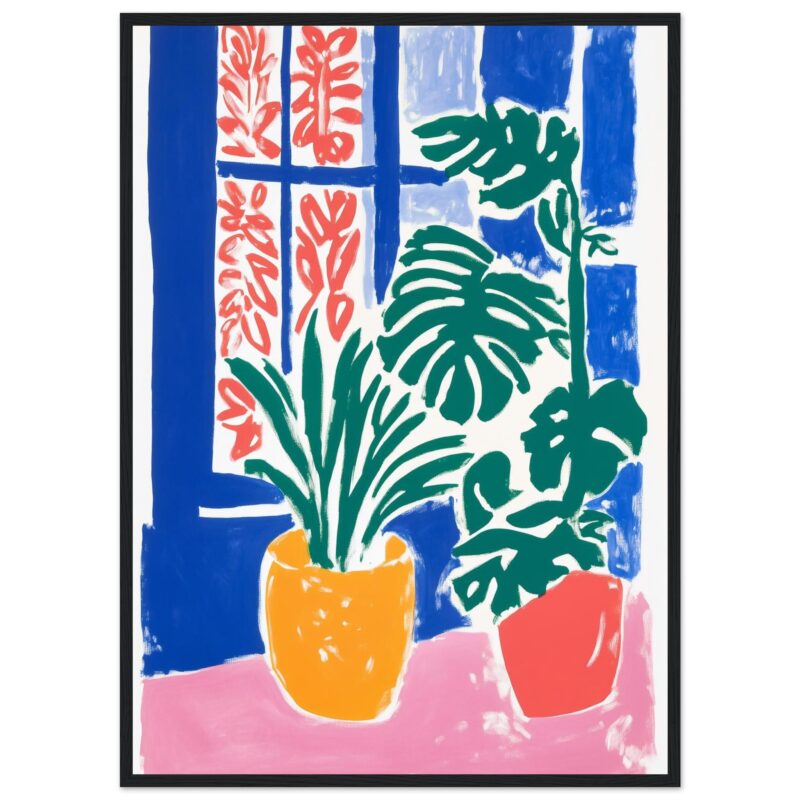 5dba4f2a-0867-4af6-a560-5fa5879d3805.jpg Colores vibrantes en pintura de plantas en macetero con estilo moderno y abstracto.