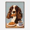 Perro con croissant y café en estilo ilustración moderna, arte digital de alta calidad, decoración para amantes de las mascotas y el desayuno.