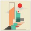 Diseño abstracto moderno con formas geométricas y dos soles rojos, ideal para arte digital y decoración contemporánea.