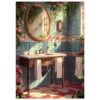 5dec6fa6-9535-4f44-8a24-0e0898f995c4.jpg Azulejos decorados con flores en baño con lavabo de madera y espejo ovalado, luz natural y plantas en ambiente acogedor.