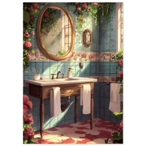 Azulejos decorados con flores en baño con lavabo de madera y espejo ovalado, luz natural y plantas en ambiente acogedor.
