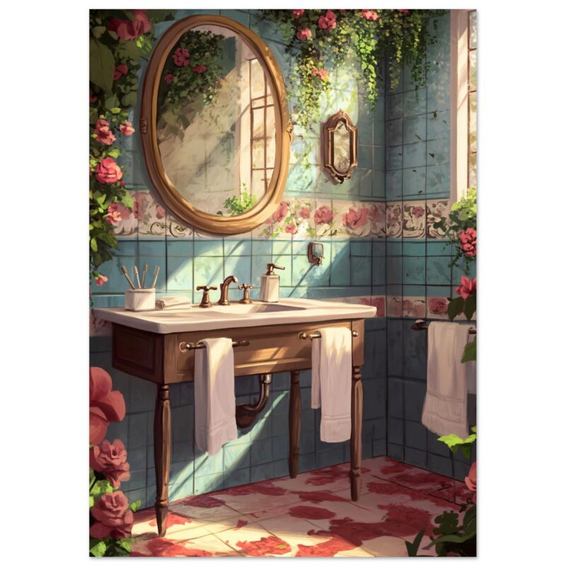 5dec6fa6-9535-4f44-8a24-0e0898f995c4.jpg Azulejos decorados con flores en baño con lavabo de madera y espejo ovalado, luz natural y plantas en ambiente acogedor.