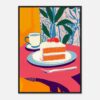 Pastel digital de una taza de café y una rebanada de gâteau decorado con fruta roja.