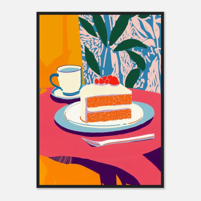 Pastel digital de una taza de café y una rebanada de gâteau decorado con fruta roja.