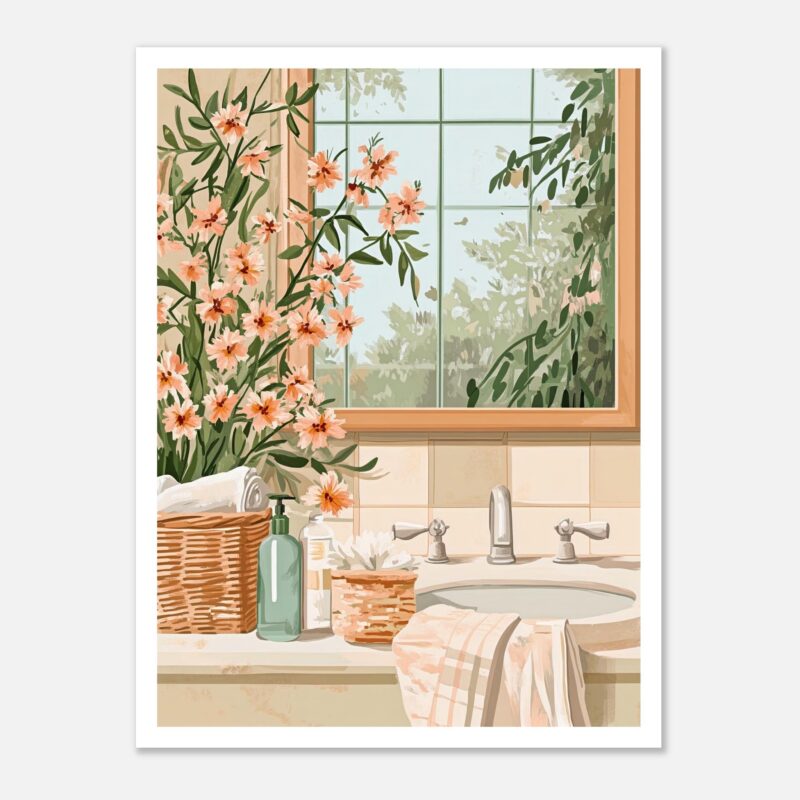 Jarrón con flores y productos de cuidado personal en lavabo de baño con espejo y ventanas naturales.