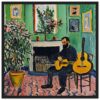 Boceto de un músico tocando guitarra en un estudio de arte, con plantas y cuadros coloridos de fondo.