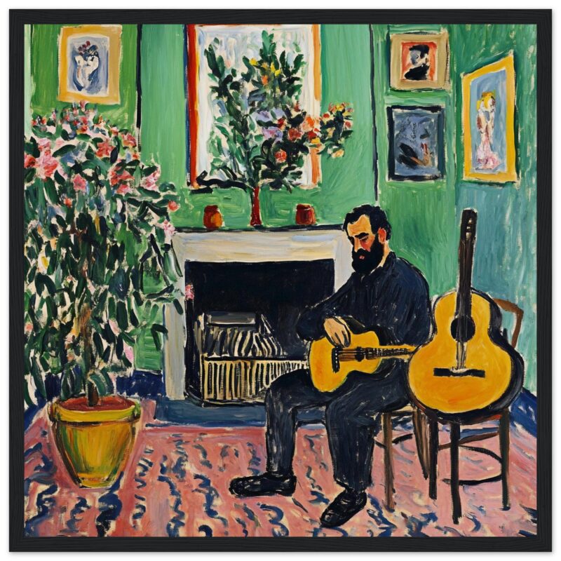 Boceto de un músico tocando guitarra en un estudio de arte, con plantas y cuadros coloridos de fondo.