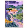 Paisaje rural con casas y vegetación en estilo artístico vibrante y colorido.