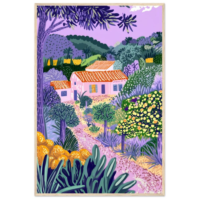 Paisaje rural con casas y vegetación en estilo artístico vibrante y colorido.