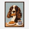 Perro con croissant en boca y taza de café en mesa, arte digital de estilo moderno.