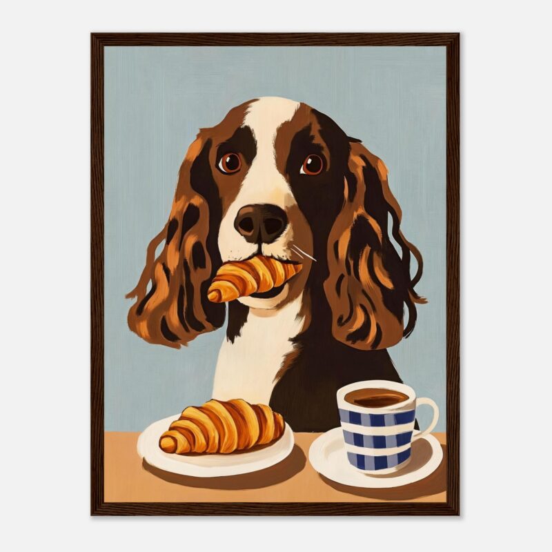 Perro con croissant en boca y taza de café en mesa, arte digital de estilo moderno.