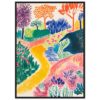 Colores vibrantes en pintura de paisaje con árboles y sendero artístico.