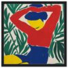 Vibrante arte abstracta con figura femenina y hojas verdes, estilo moderno y colorido, ideal para decoración.