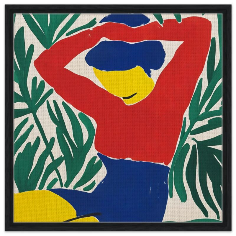 Vibrante arte abstracta con figura femenina y hojas verdes, estilo moderno y colorido, ideal para decoración.