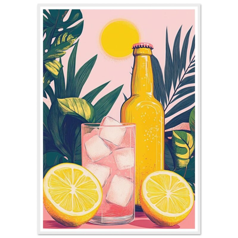 Cerveza fría con hielo y limones, ambiente tropical y refrescante.