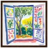 Ventana abierta con vista a un jardín colorido, pintura artística moderna para decoración.