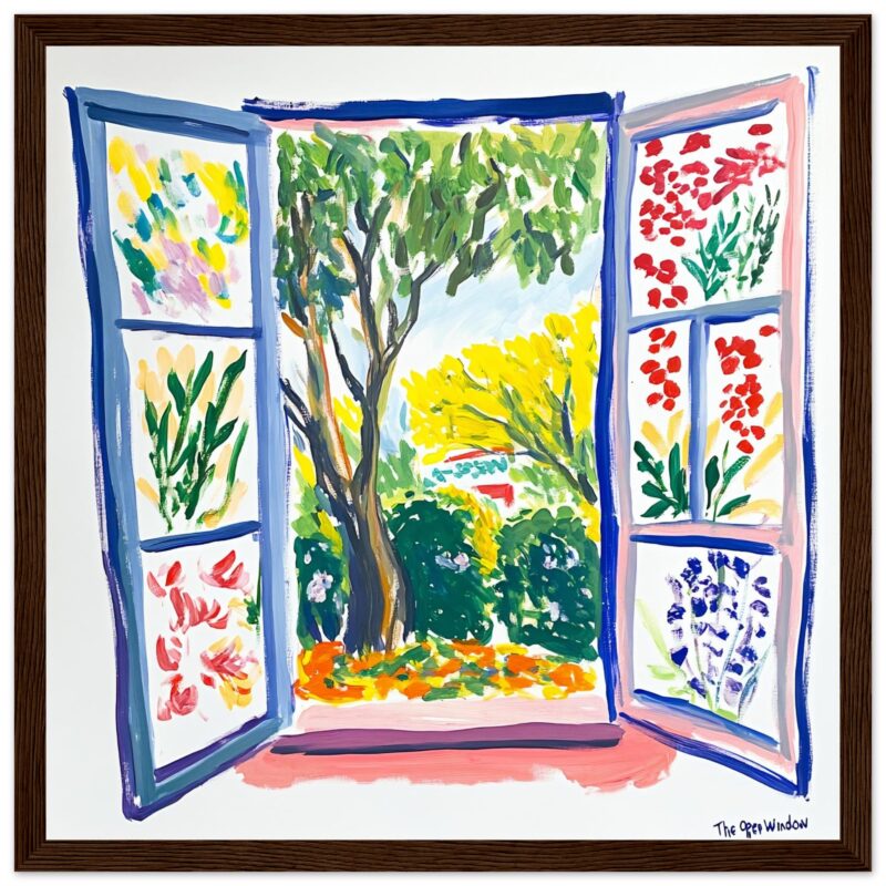 Ventana abierta con vista a un jardín colorido, pintura artística moderna para decoración.