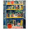 Colorido cuadro de librería con plantas y estanterías en estilo expresionista, ideal para decoración interior.
