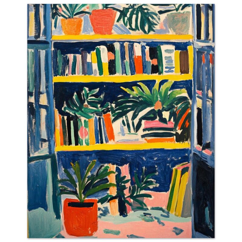 Colorido cuadro de librería con plantas y estanterías en estilo expresionista, ideal para decoración interior.