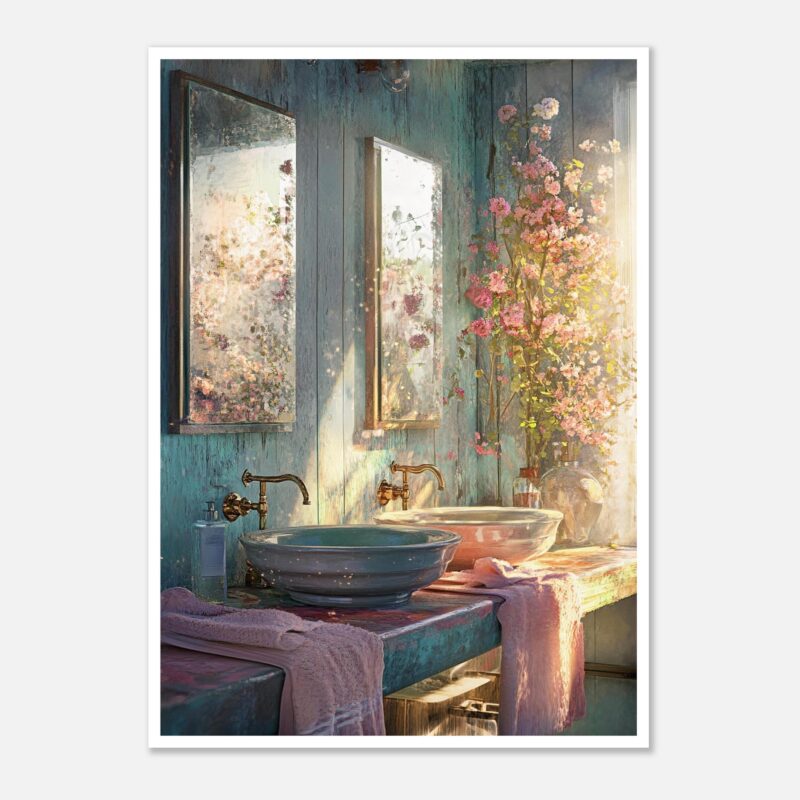 Lavabo vintage con espejos y flores en estilo artístico.
