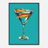 Fish in martini glass, illustration of goldfish in drink art, modern digital art, vibrant colors, contemporary wall decor.