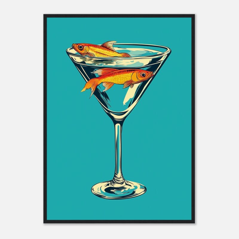 Fish in martini glass, illustration of goldfish in drink art, modern digital art, vibrant colors, contemporary wall decor.