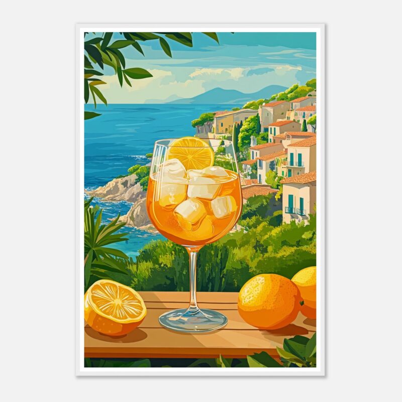 Refresco de verano con hielo y limón en una terraza con vista al mar y pueblo costero.