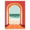 Puerta con vista al mar, ilustración de estilo moderno, playa y oleaje en fondo, decoración de interiores, arte digital, estilo minimalista y relajante.